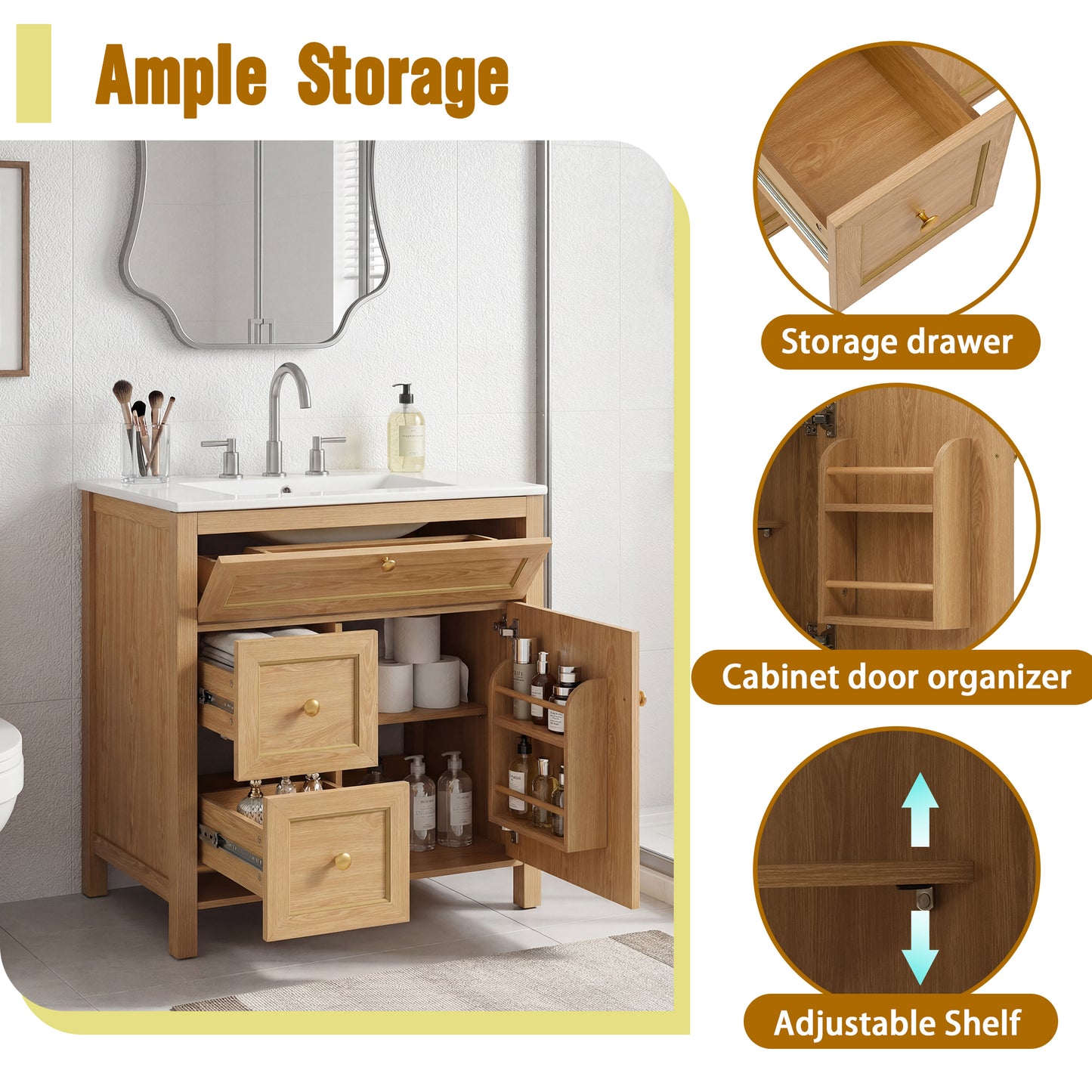 30" Wood Bathroom Vanity with Sink - Freestanding Cabinet Storage
