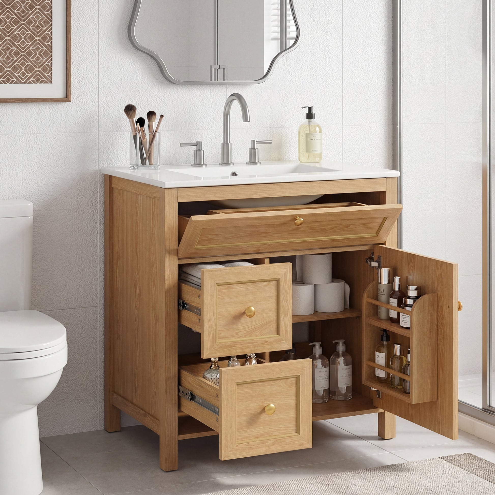 30" Wood Bathroom Vanity with Sink - Freestanding Cabinet Storage
