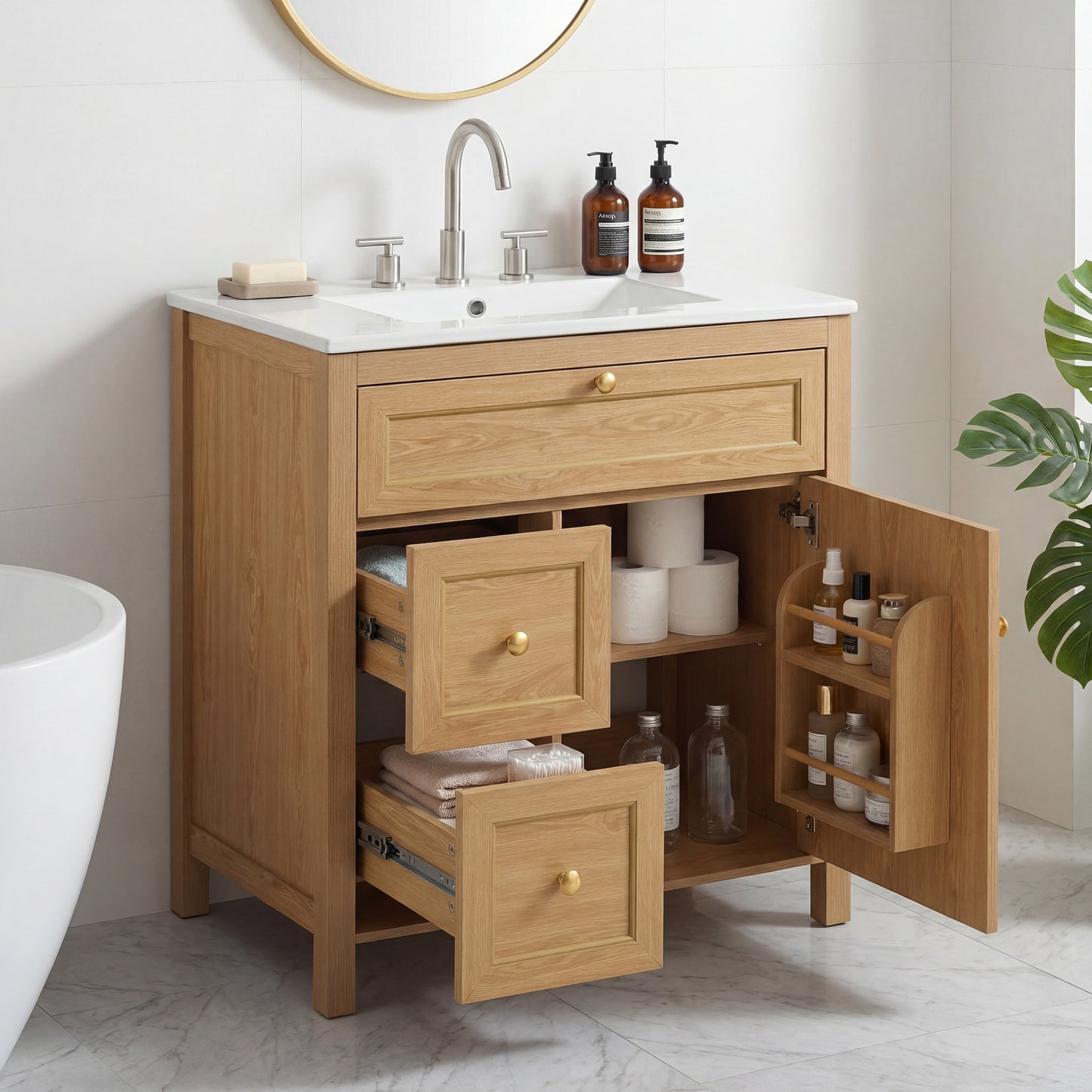 30" Bathroom Vanity with Sink, Freestanding Wood Vanity Cabinet with Flip-Out Drawer, 2 Soft-Close Drawers & 1 Soft-Close Door, Solid Wood & MDF Construction, Elegant Gold Accent Handles,