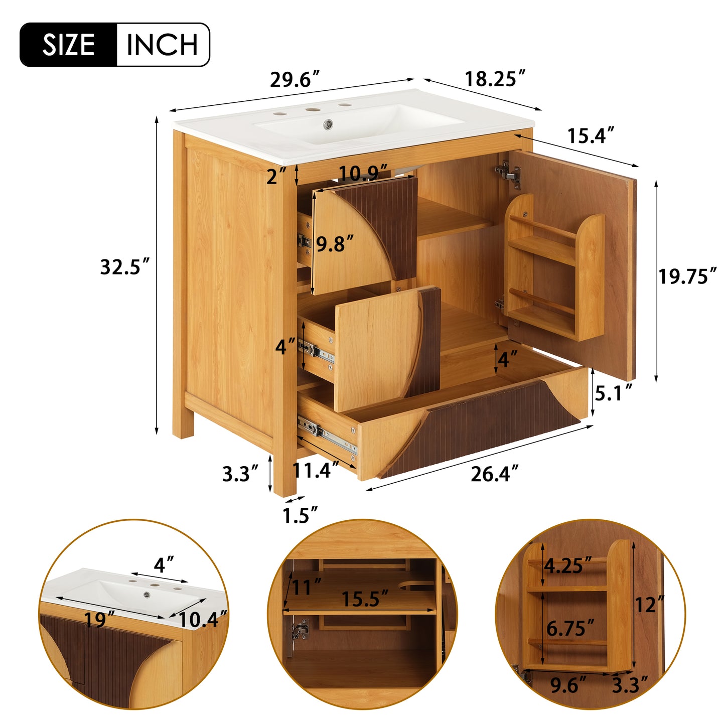 30" Wood Bathroom Vanity with Sink - Freestanding Storage Cabinet