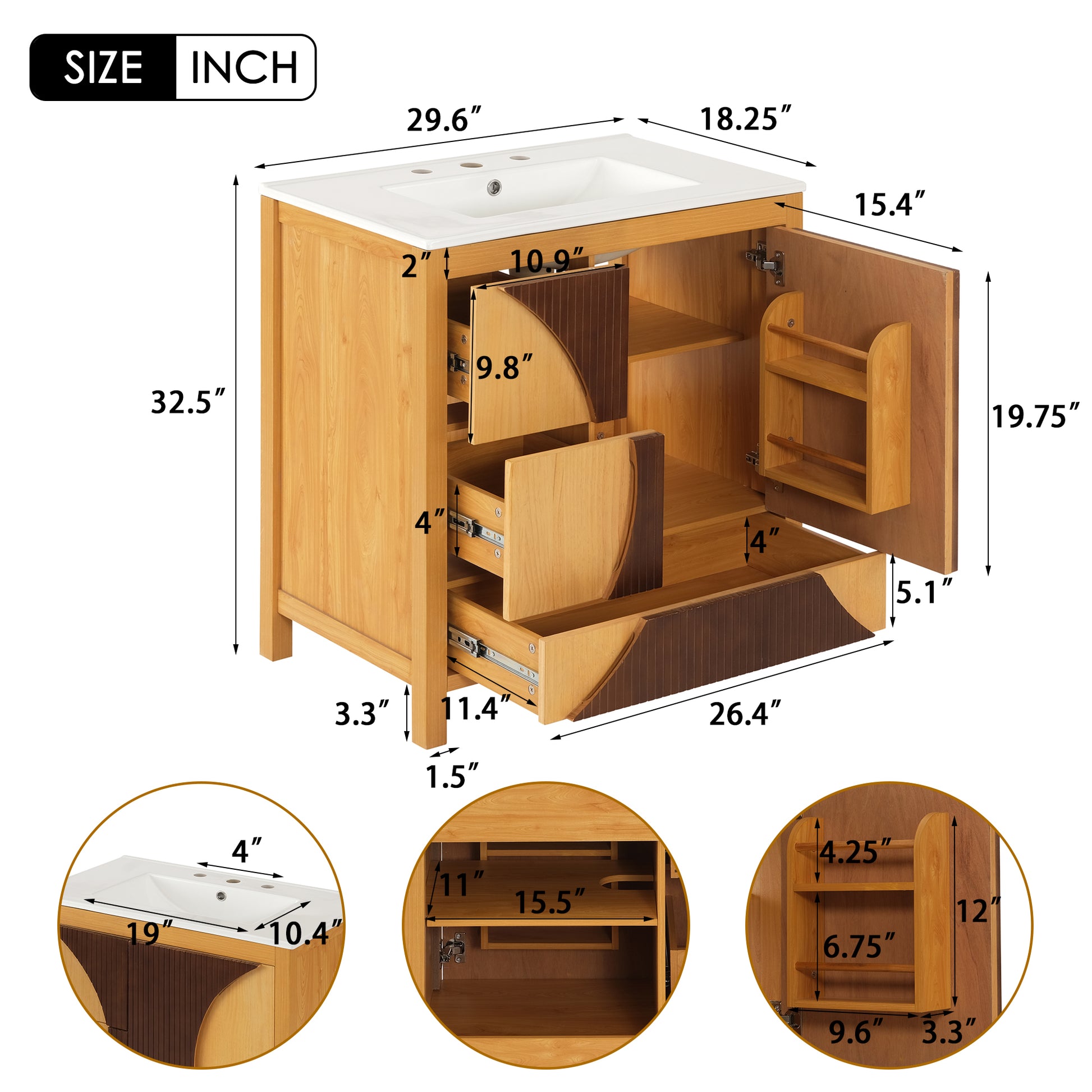 30" Wood Bathroom Vanity with Sink - Freestanding Storage Cabinet