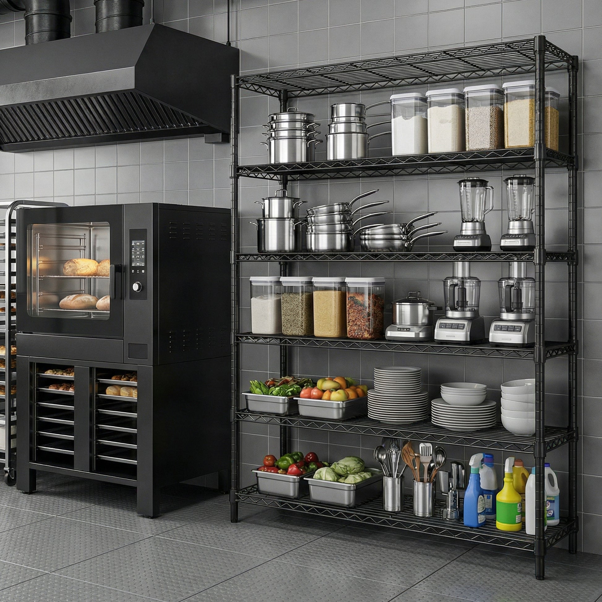 6 Tier Carbon Steel Shelving Unit - Black, 82.4"H for Living Room