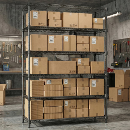 6 Tier Carbon Steel Shelving Unit - Black, 82.4"H for Living Room