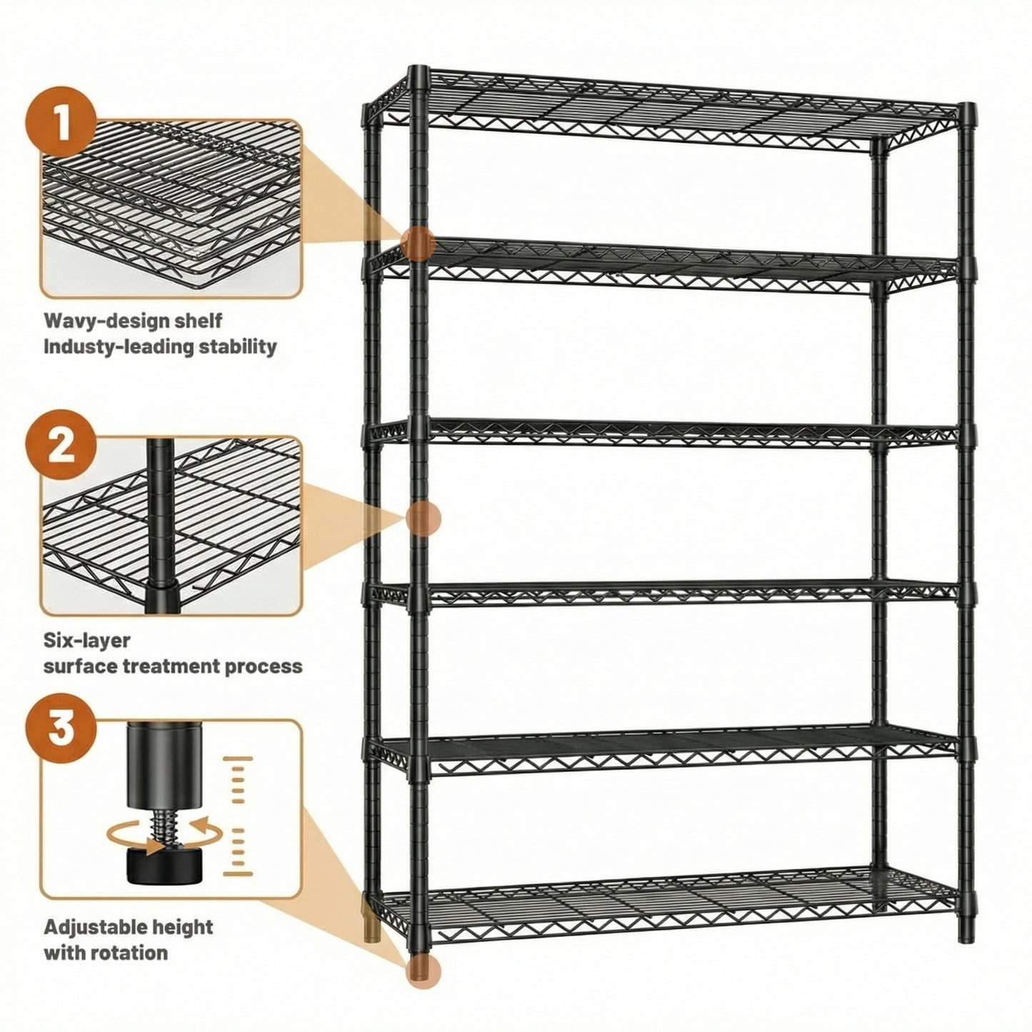 6 Tier Carbon Steel Shelving Unit - Black, 82.4"H for Living Room