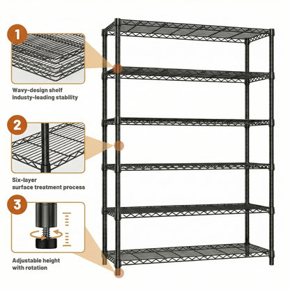 6 Tier Carbon Steel Shelving Unit - Black, 82.4"H for Living Room