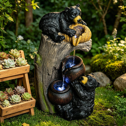 Brown Grey Bear Outdoor Water Fountain for Garden or Porch