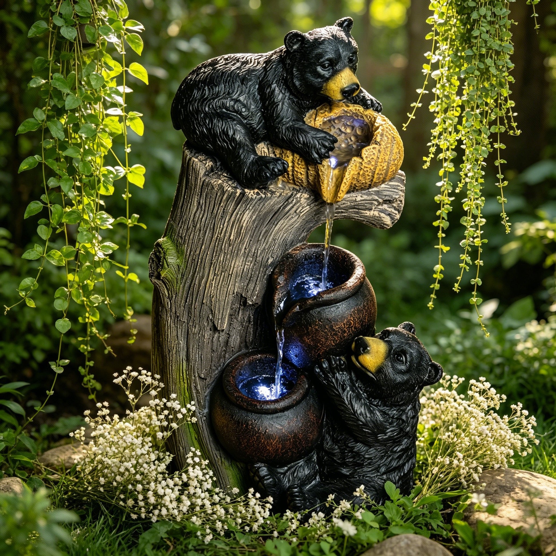 Brown Grey Bear Outdoor Water Fountain for Garden or Porch