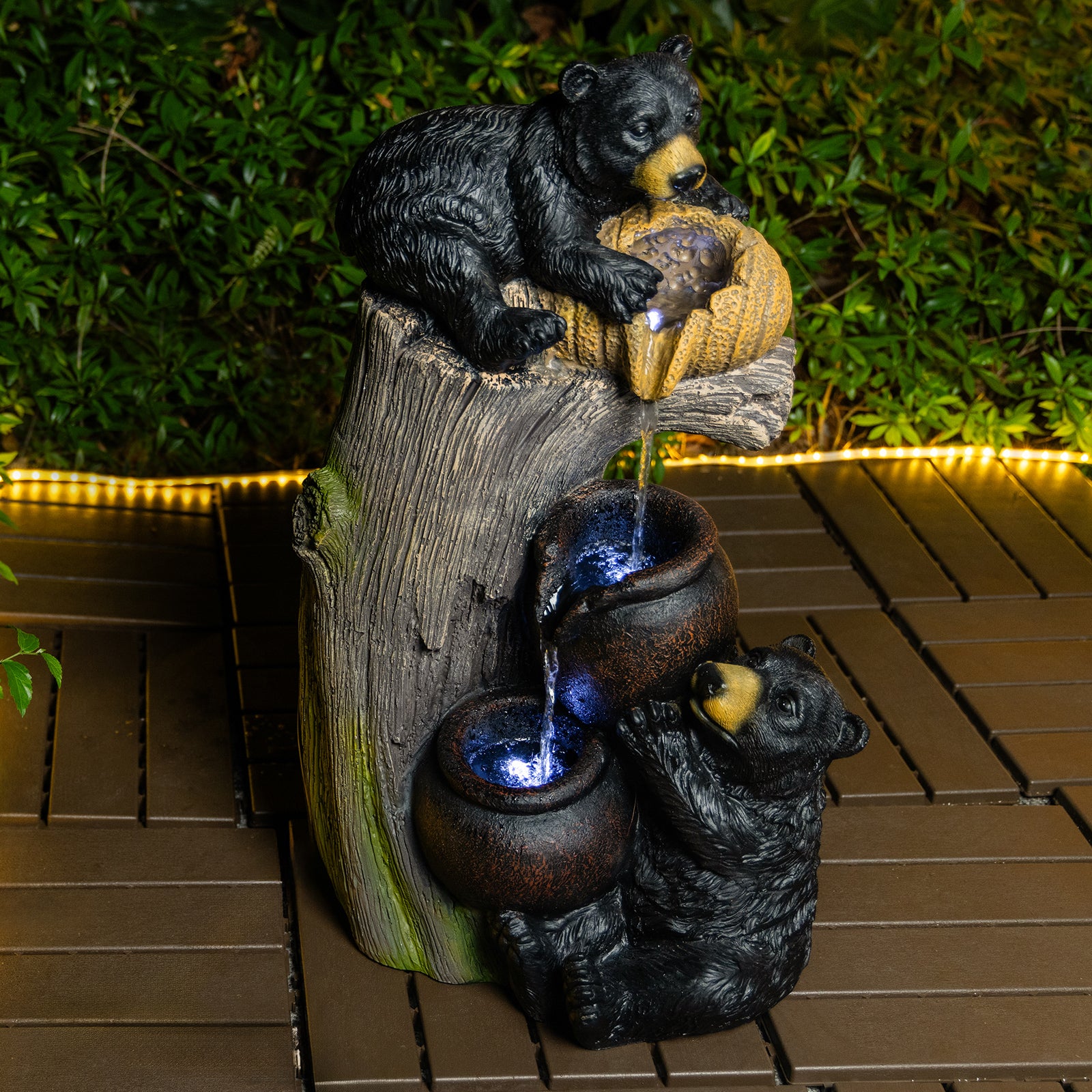 Brown Grey Bear Outdoor Water Fountain for Garden or Porch
