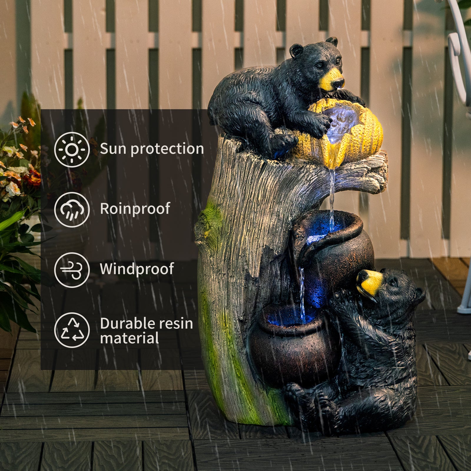 Brown Grey Bear Outdoor Water Fountain for Garden or Porch
