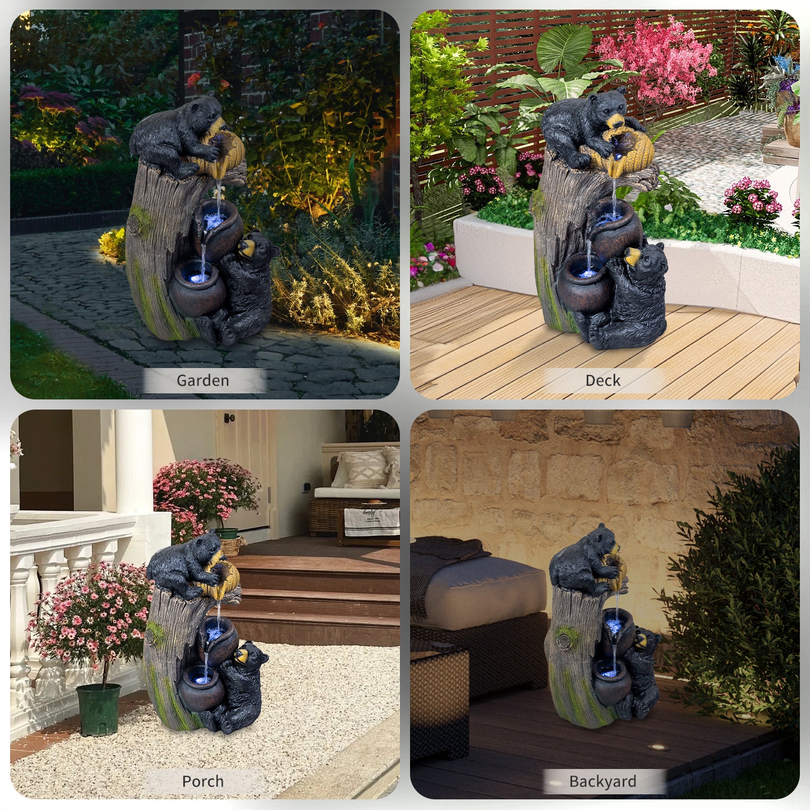 Brown Grey Bear Outdoor Water Fountain for Garden or Porch