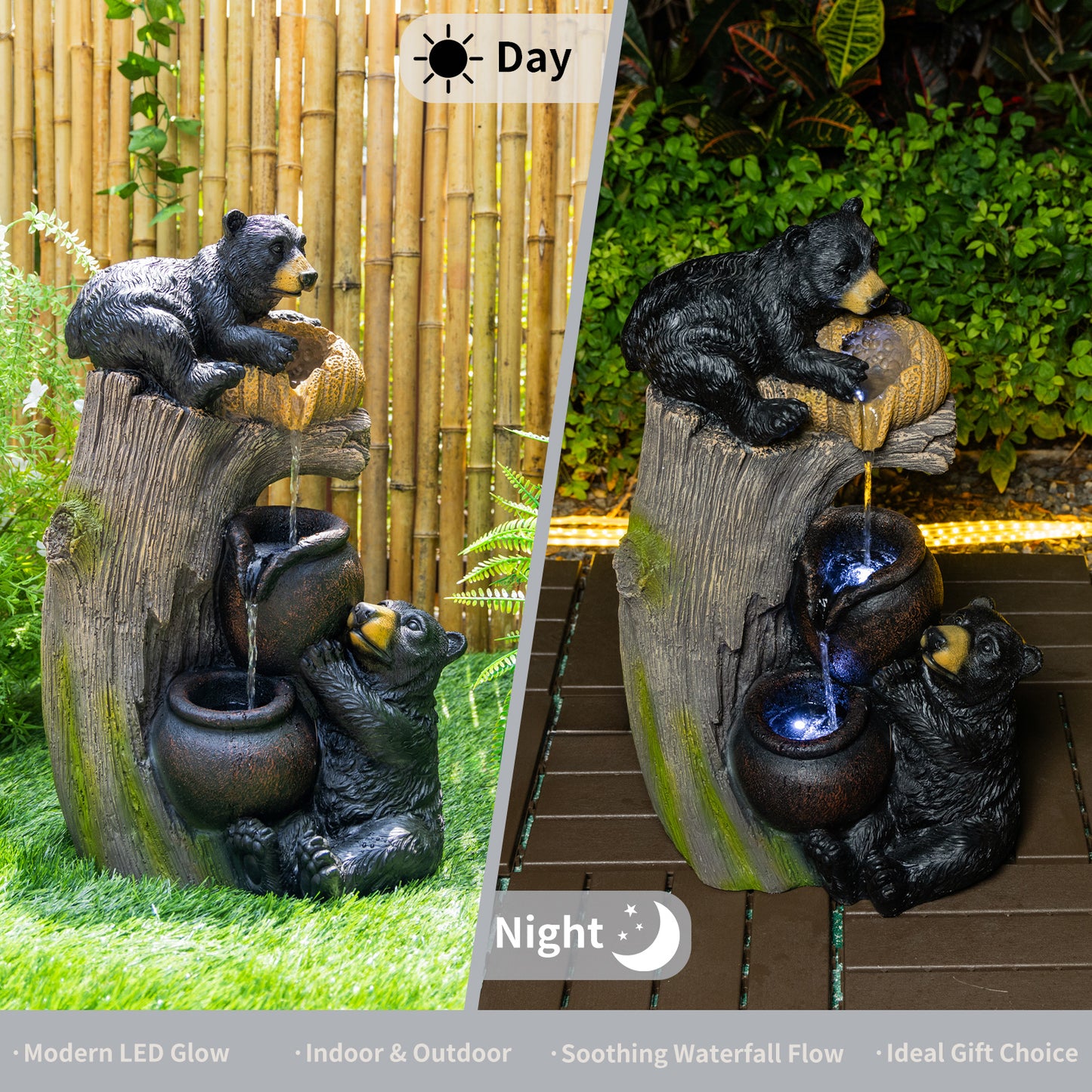 Brown Grey Bear Outdoor Water Fountain for Garden or Porch