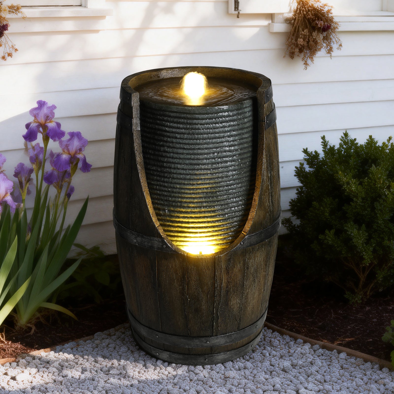 Wooden Barrel Style Outdoor Water Fountain with Lights Resin Rustic Garden Waterfall Decor for Patio Porch Yard