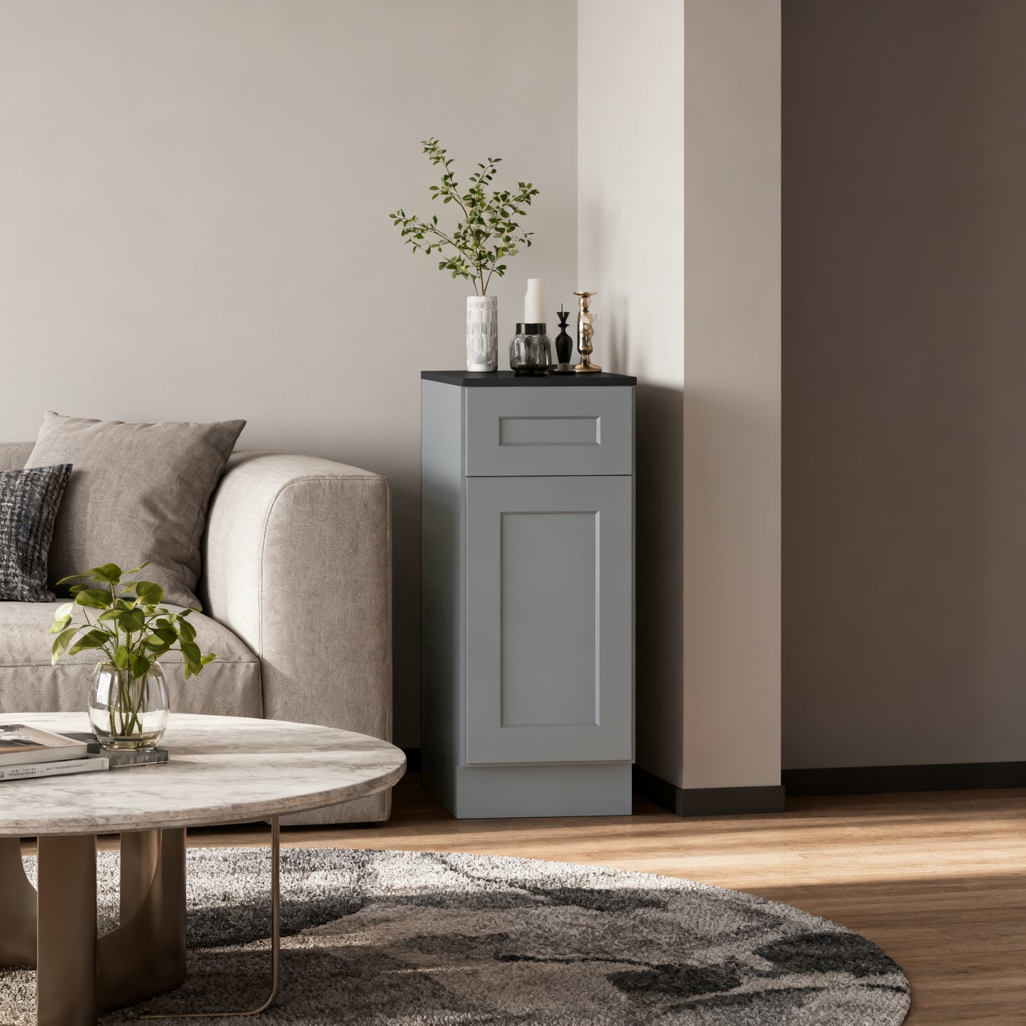 15" Gray Shaker Base Cabinet with Soft-Close Door,Drawer,Space-Saving Solid Wood Unit with Adjustable Shelf for Kitchen, Bath, Laundry, Garage (15"W x 24"D x 34.5"H)