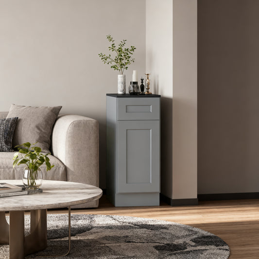 15" Gray Shaker Base Cabinet with Soft-Close Door,Drawer,Space-Saving Solid Wood Unit with Adjustable Shelf for Kitchen, Bath, Laundry, Garage (15"W x 24"D x 34.5"H)