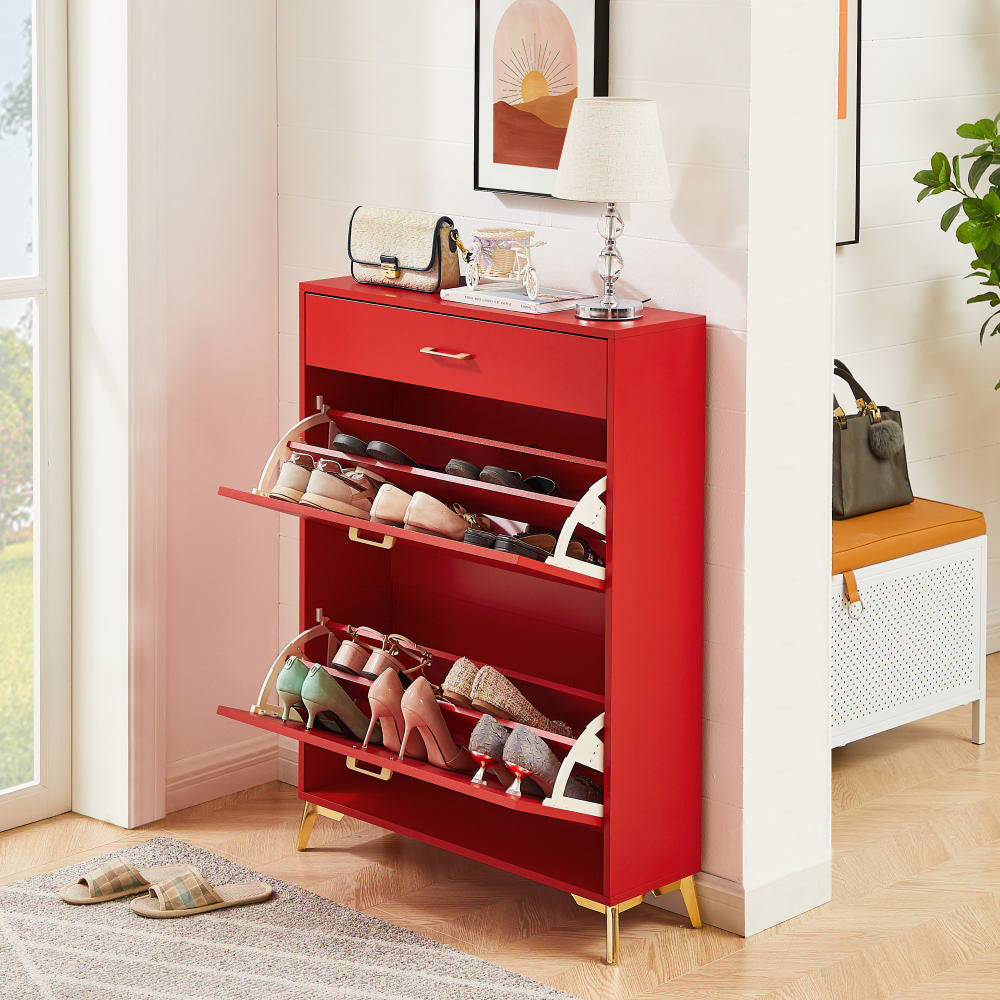 Red MDF Shoe Storage Cabinet - 32" Entryway Organizer