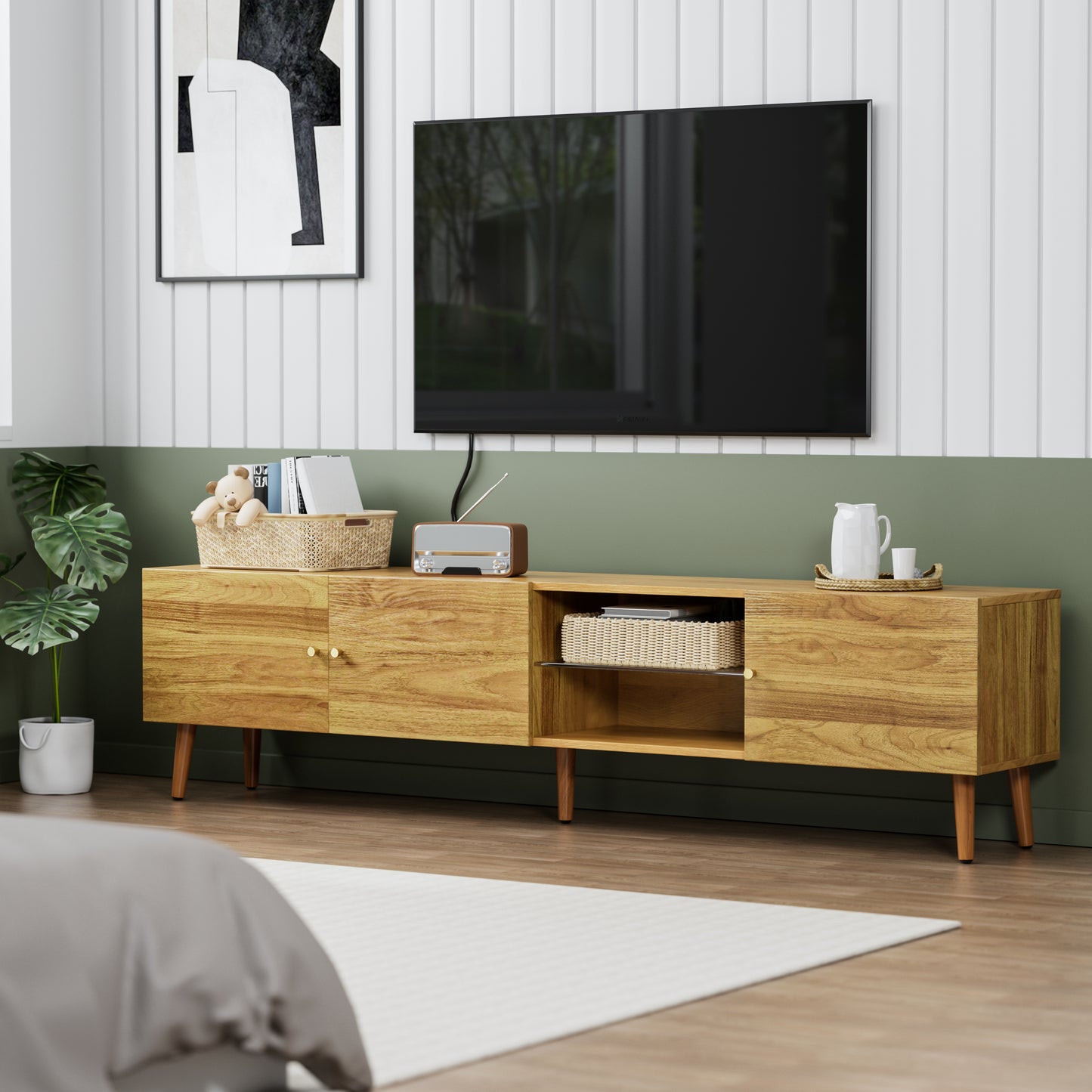 70 Inch Brown Oak TV Stand with Storage