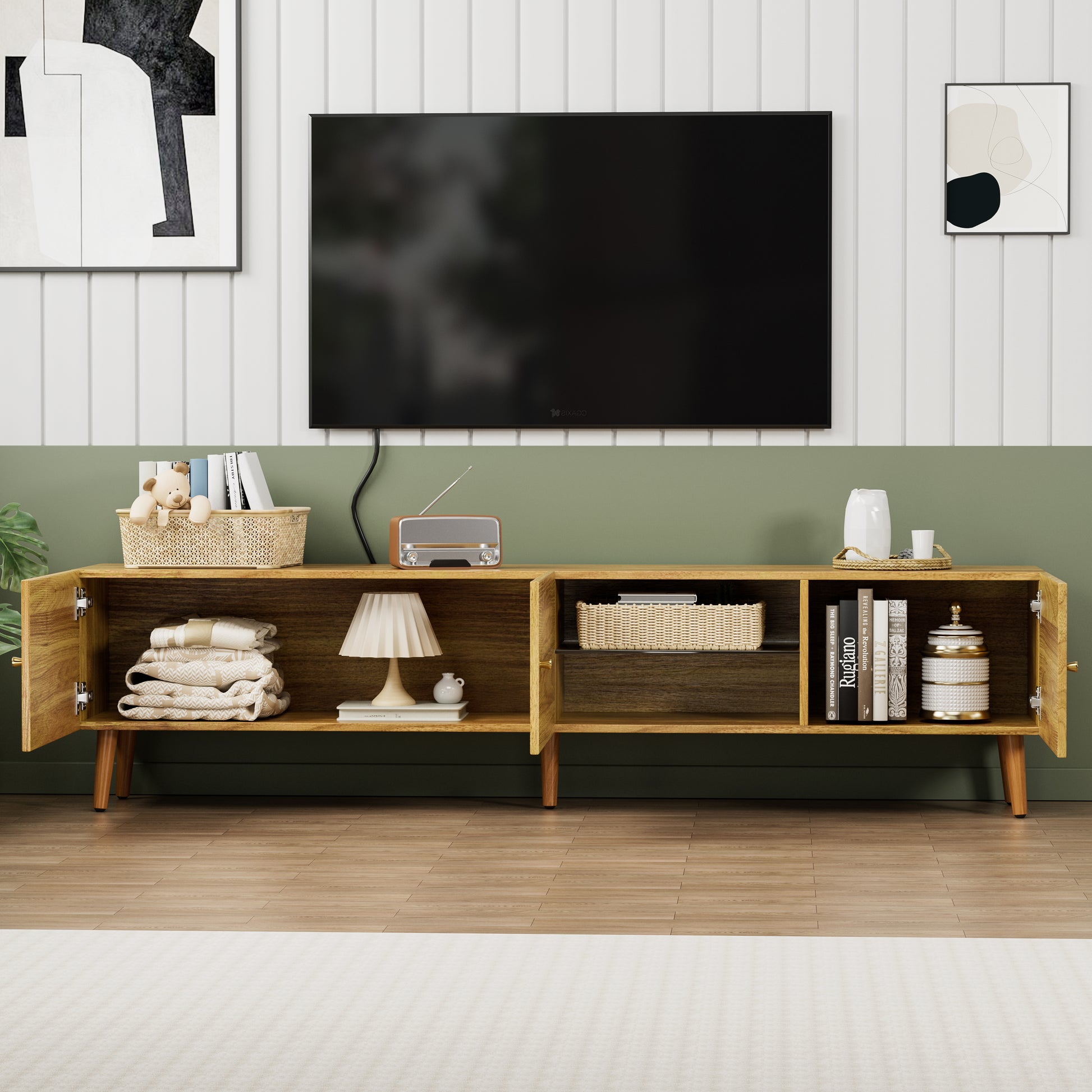70 Inch Brown Oak TV Stand with Storage