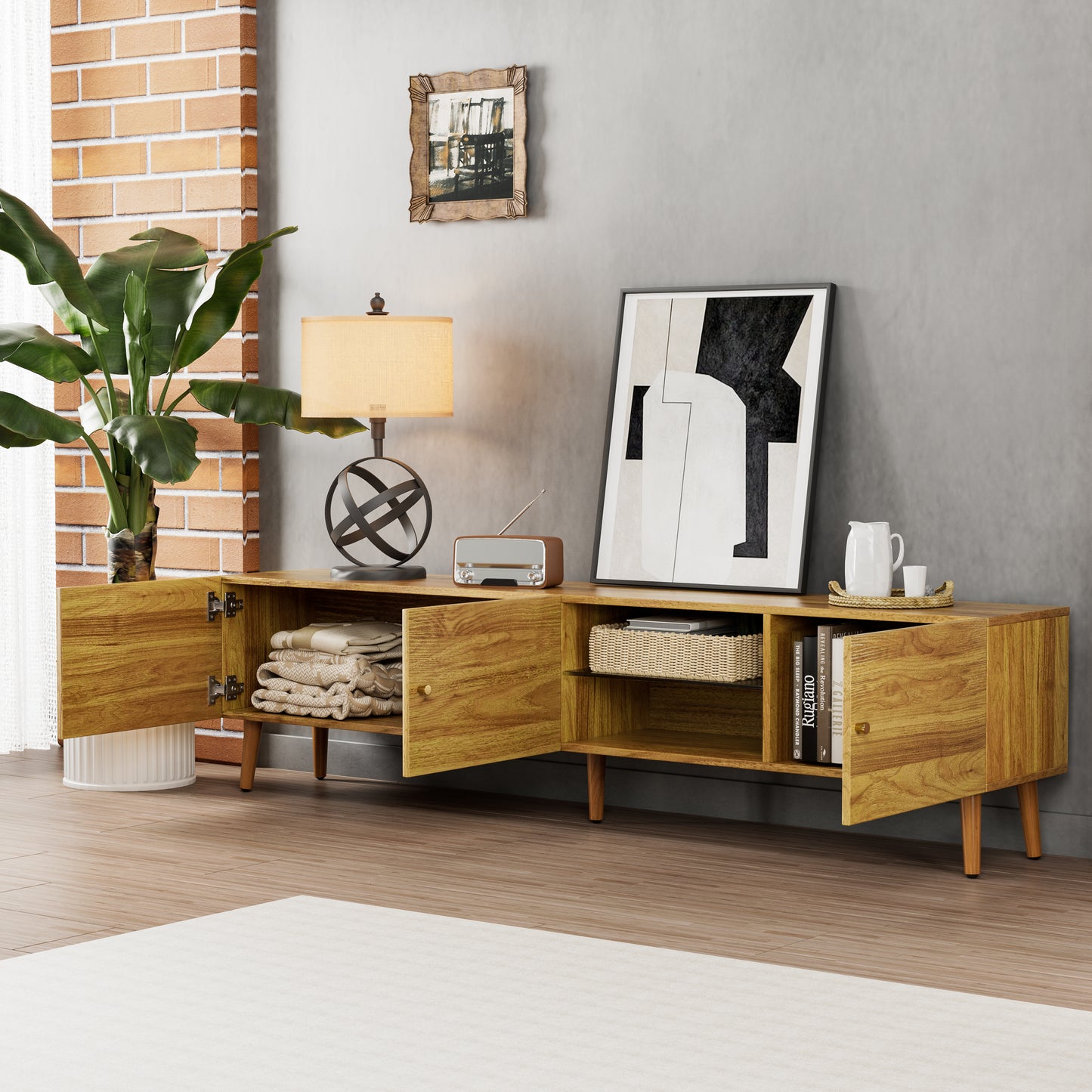 70 Inch Brown Oak TV Stand with Storage