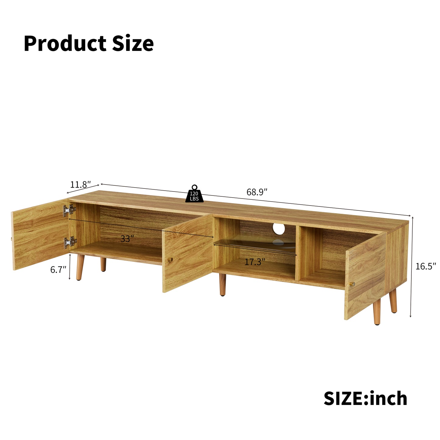 70 Inch Brown Oak TV Stand with Storage
