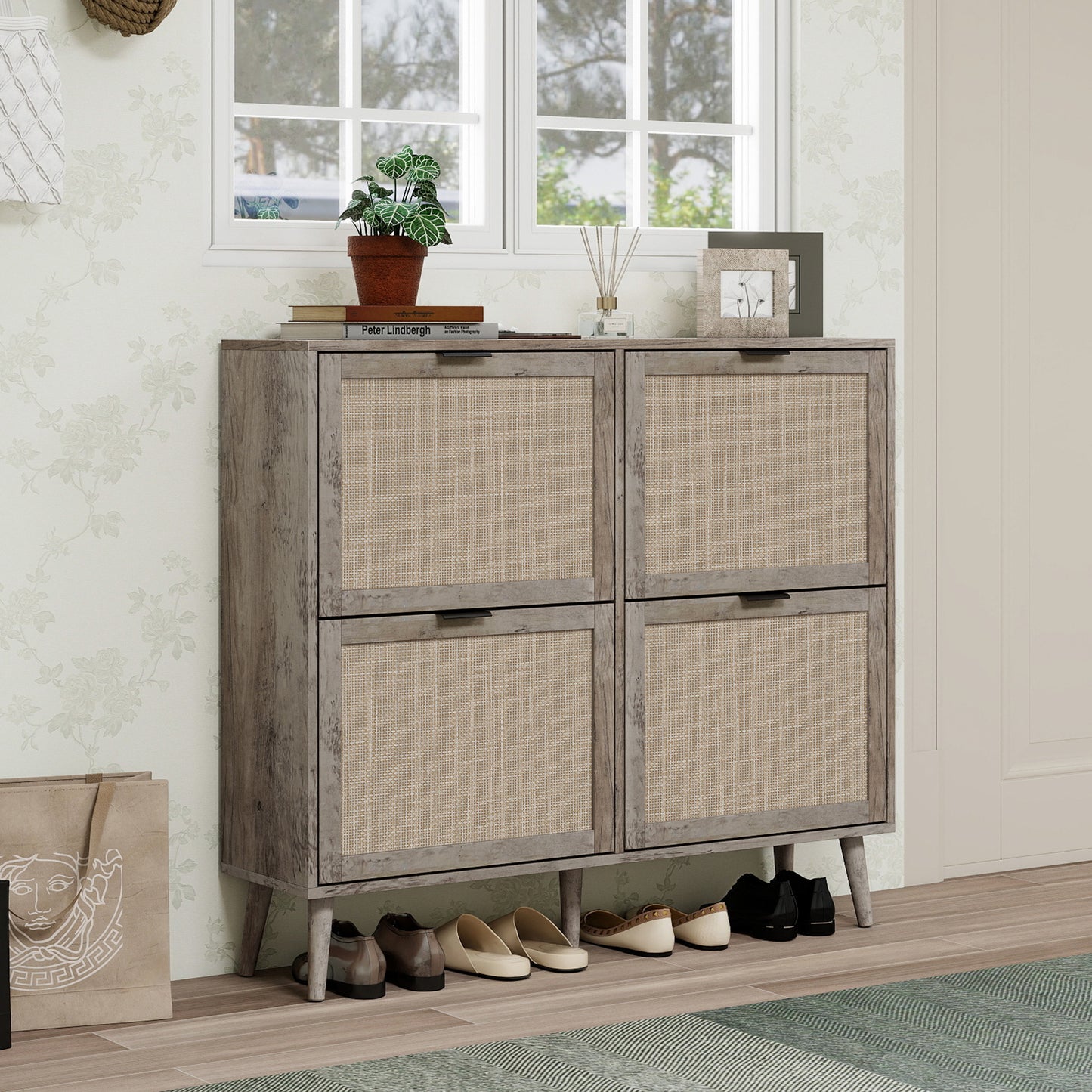 4 Door Shoe Rack - Modern Grey Storage Cabinet