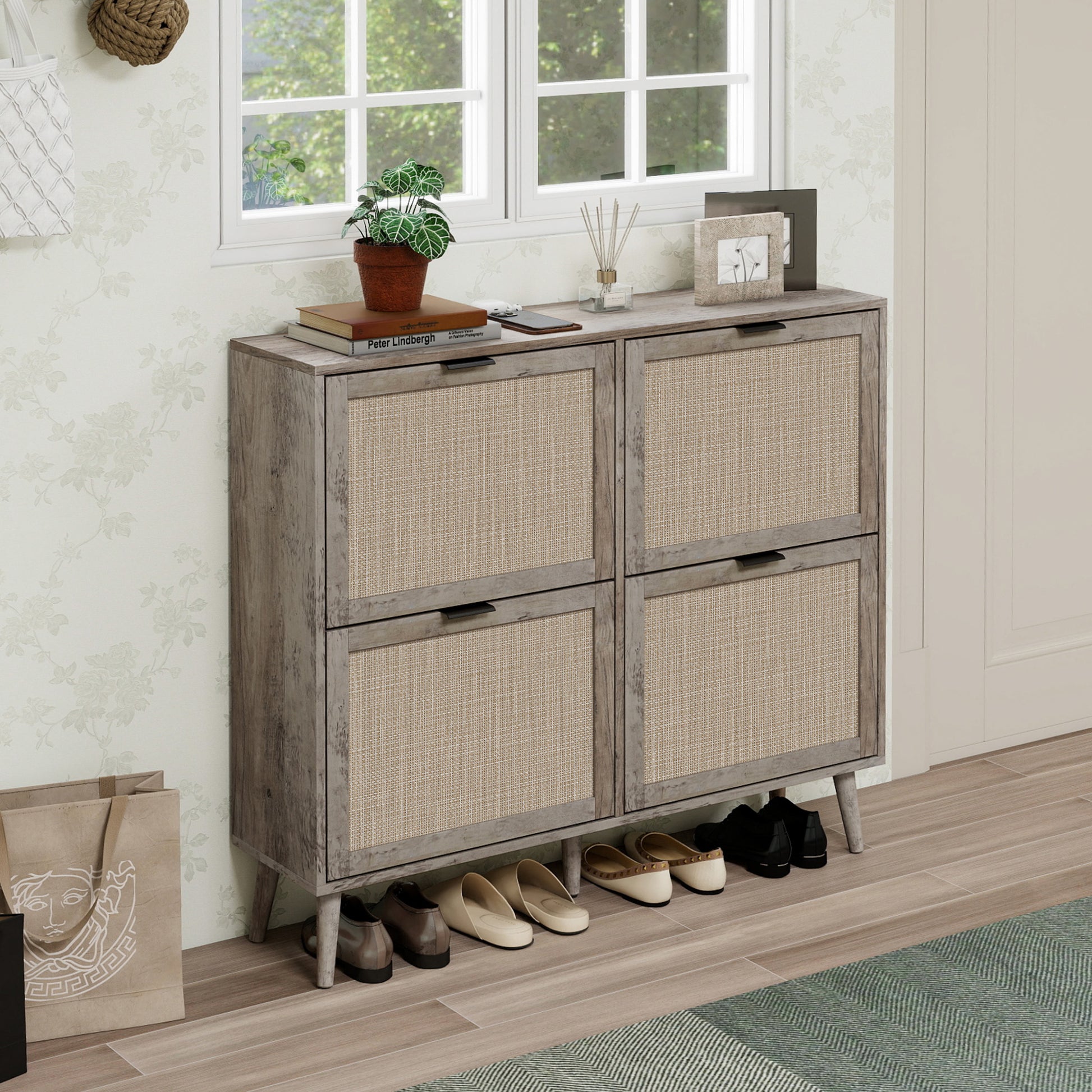 4 Door Shoe Rack - Modern Grey Storage Cabinet