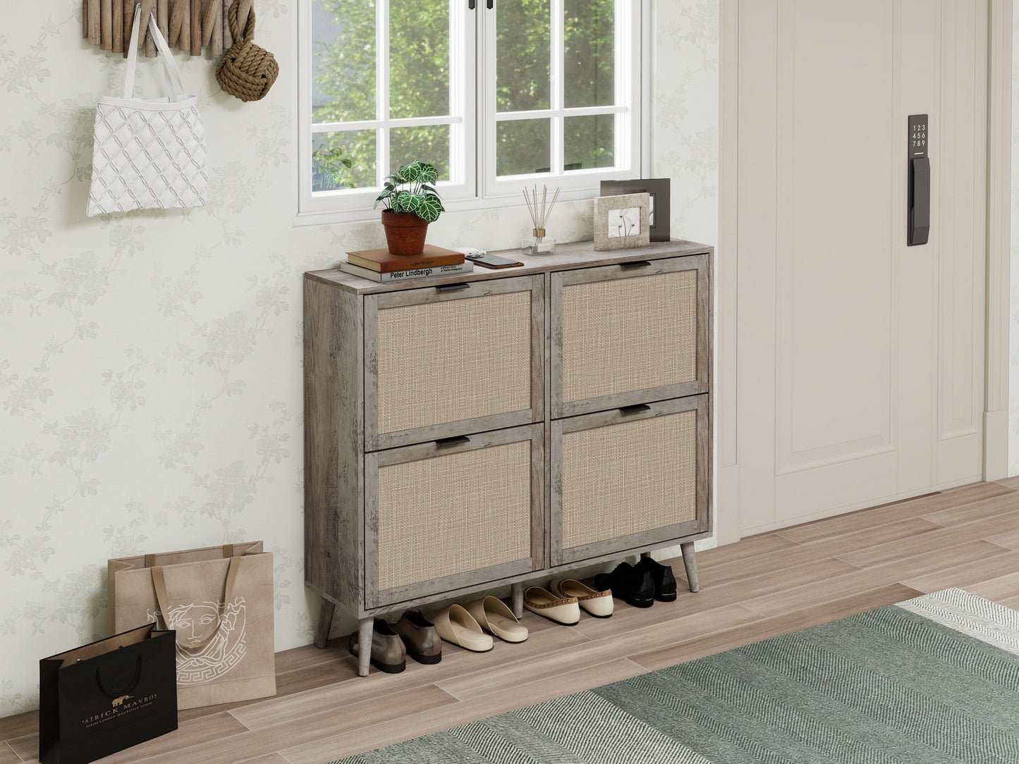 4 Door Shoe Rack - Modern Grey Storage Cabinet
