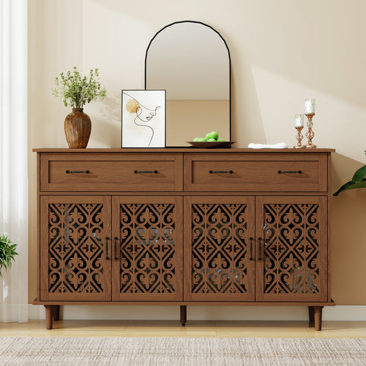 Vintage Sideboard Buffet Cabinet with Hand-Carved Hollow Doors, Distressed Light Wood Finish, 2 Drawers & 4 Doors Storage Cabinet, Metal Handles, 13 cm Raised Legs for Easy Cleaning, for Living Room