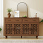 Vintage Sideboard Buffet Cabinet with Hand-Carved Hollow Doors, Distressed Light Wood Finish, 2 Drawers & 4 Doors Storage Cabinet, Metal Handles, 13 cm Raised Legs for Easy Cleaning, for Living Room