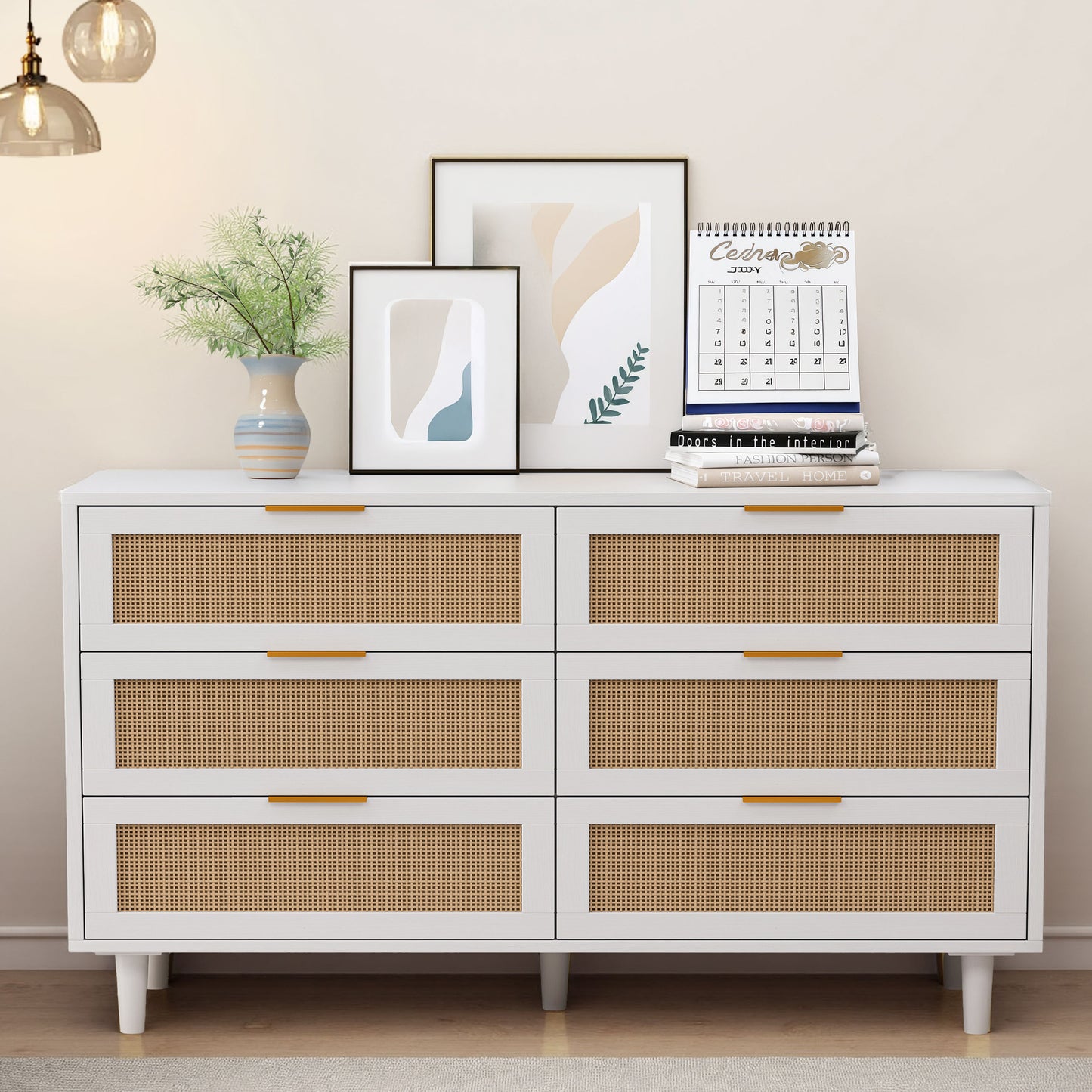 51.18"6-Drawers Rattan Storage Cabinet Rattan Drawer,for Bedroom,Living Room,White (Same SKU:W757P174986)