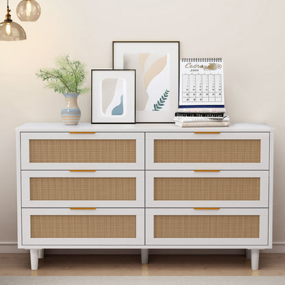 51.18"6-Drawers Rattan Storage Cabinet Rattan Drawer,for Bedroom,Living Room,White (Same SKU:W757P174986)