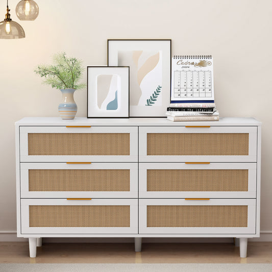 51.18"6-Drawers Rattan Storage Cabinet Rattan Drawer,for Bedroom,Living Room,White (Same SKU:W757P174986)
