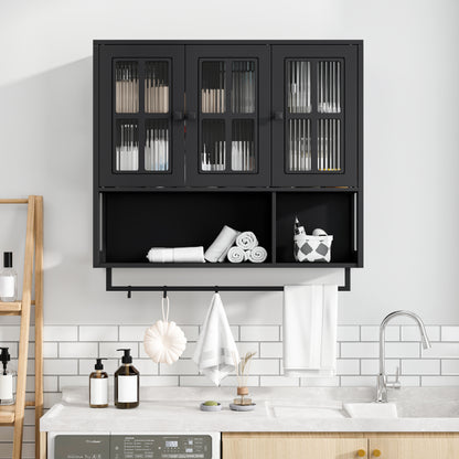 Bathroom Wall Cabinet, 3-Door Wooden Wall Cabinet with Open and Hidden Storage Space, Medicine Cabinet with Glass Door and Towel Bar for Entryway Living Room Bathroom Dining Room,Black