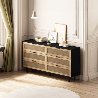 6-Drawer Rattan Storage Cabinet - Black MDF, Bedroom/Living Room