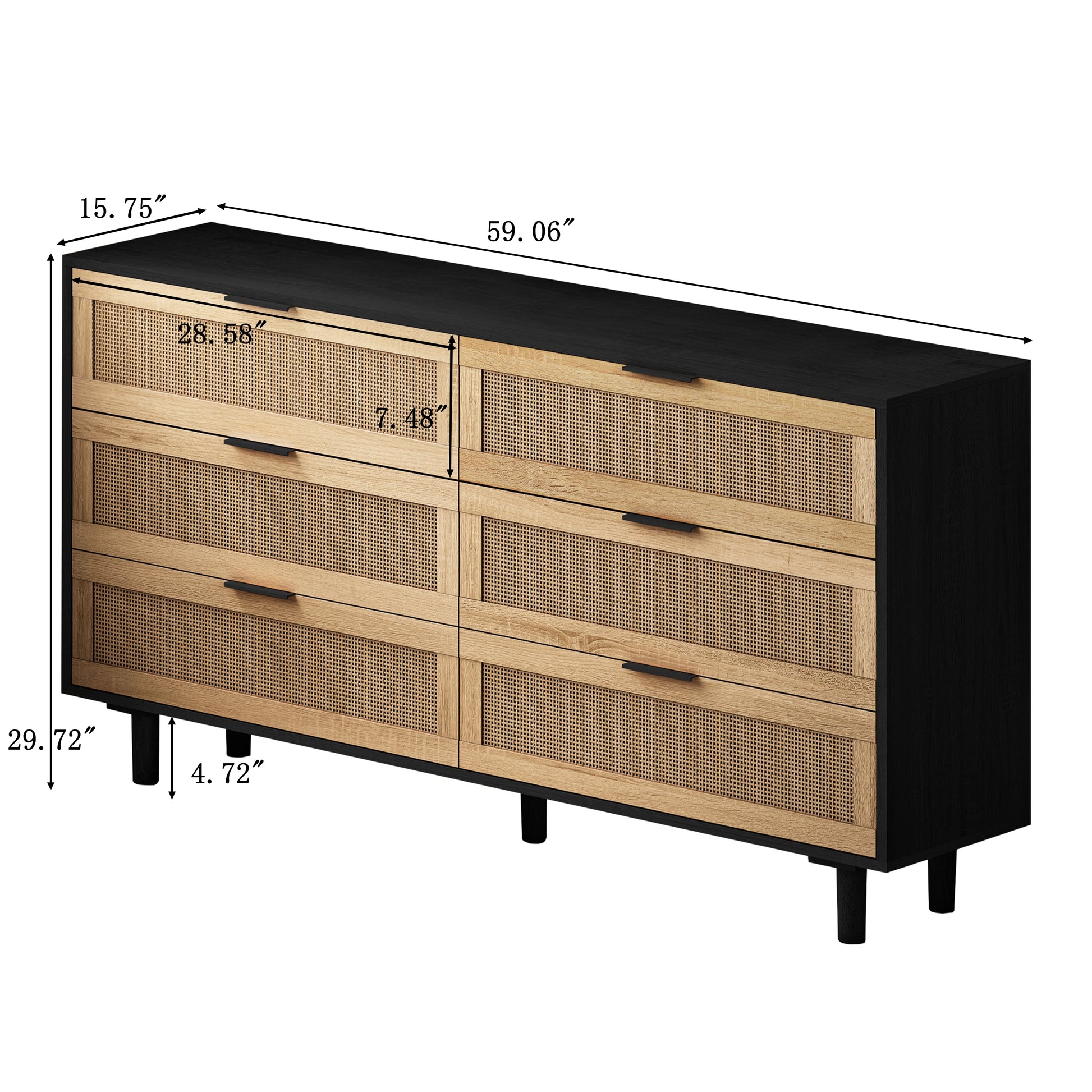 6-Drawer Rattan Storage Cabinet - Black MDF, Bedroom/Living Room