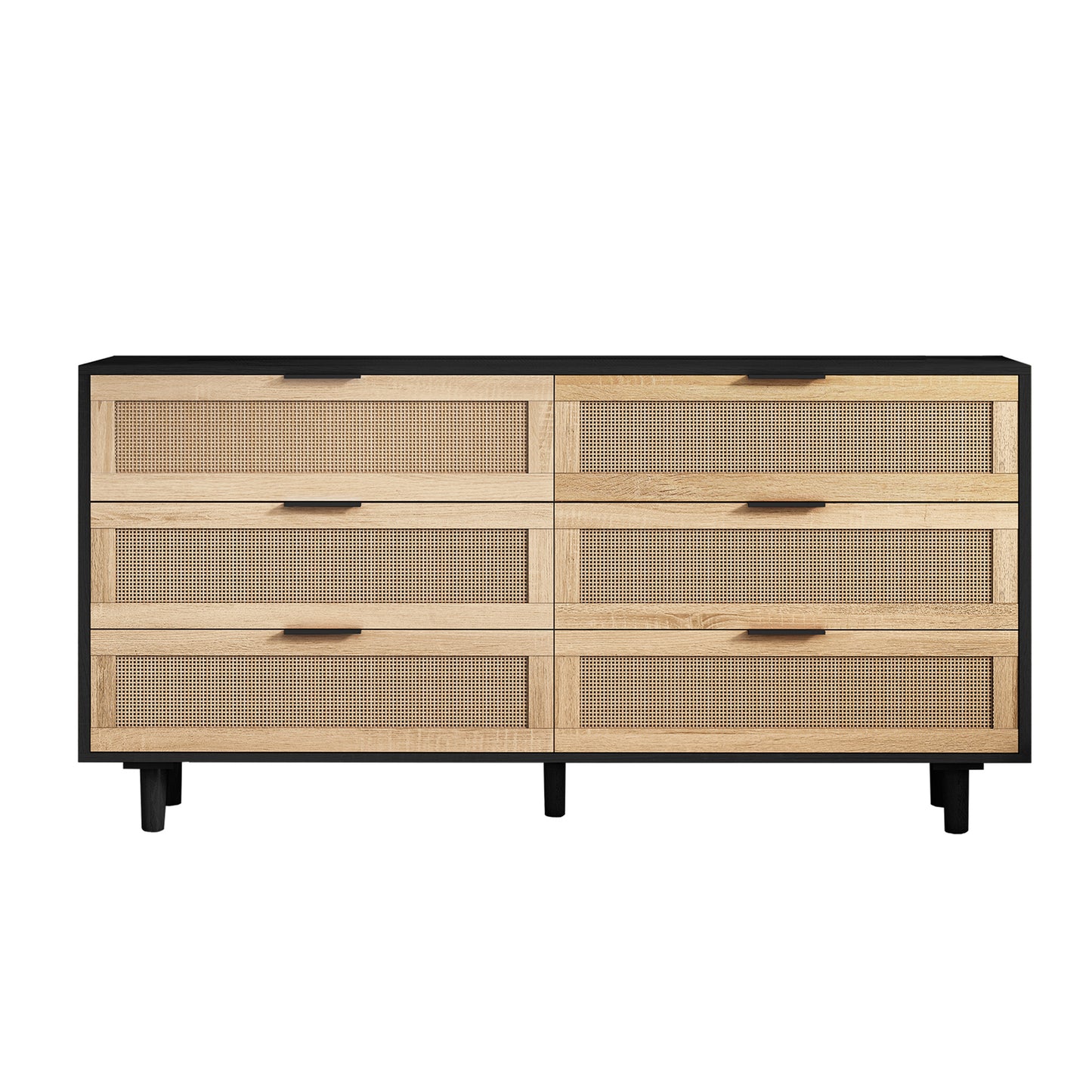 6-Drawer Rattan Storage Cabinet - Black MDF, Bedroom/Living Room