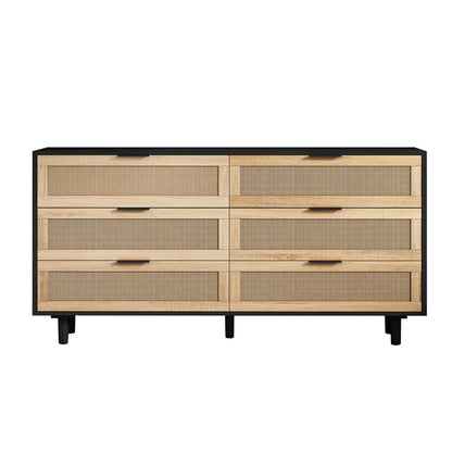 6-Drawer Rattan Storage Cabinet - Black MDF, Bedroom/Living Room