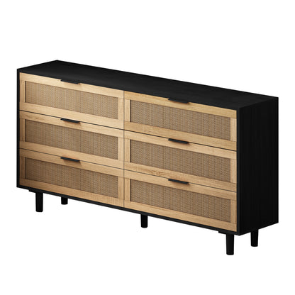 6-Drawer Rattan Storage Cabinet - Black MDF, Bedroom/Living Room