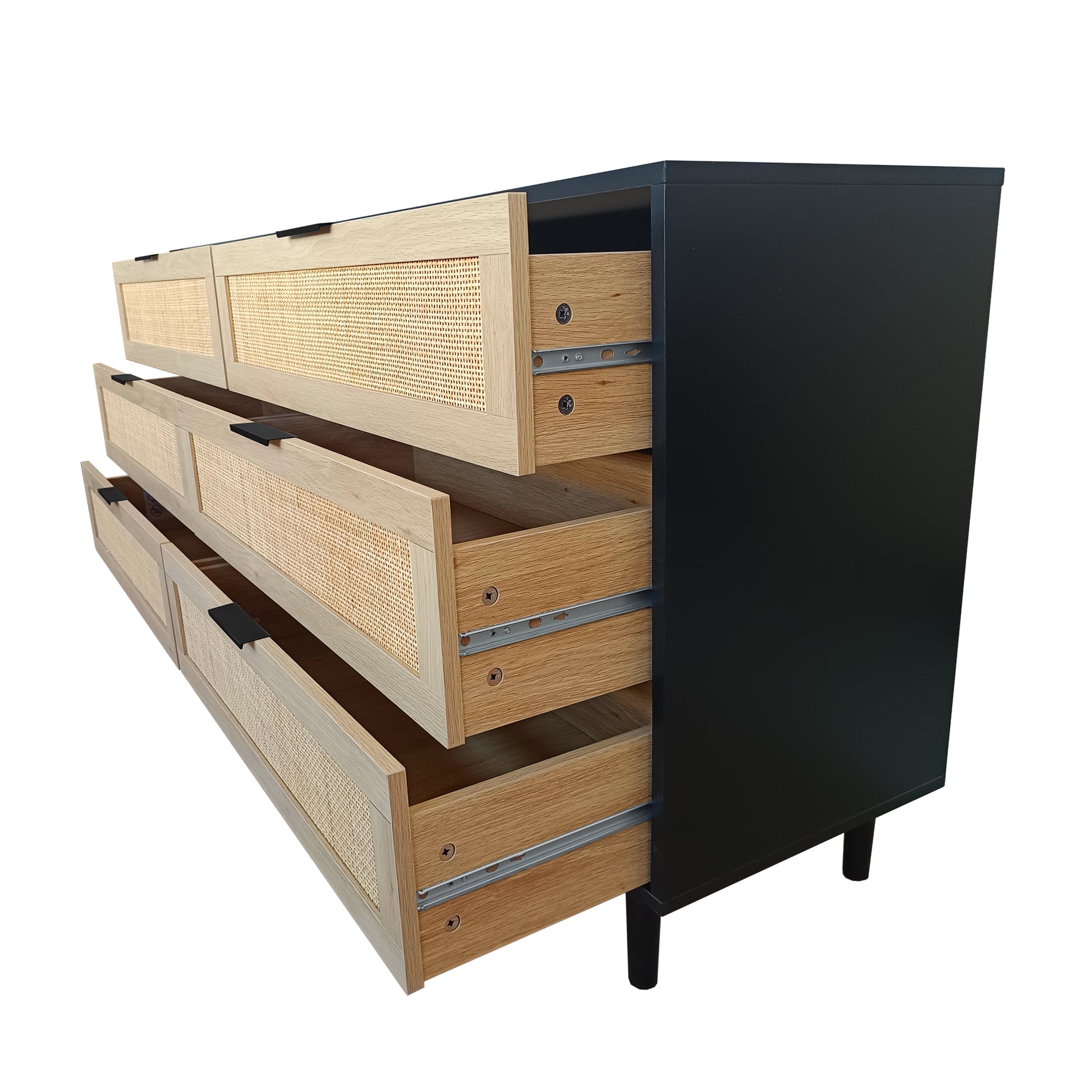 6-Drawer Rattan Storage Cabinet - Black MDF, Bedroom/Living Room