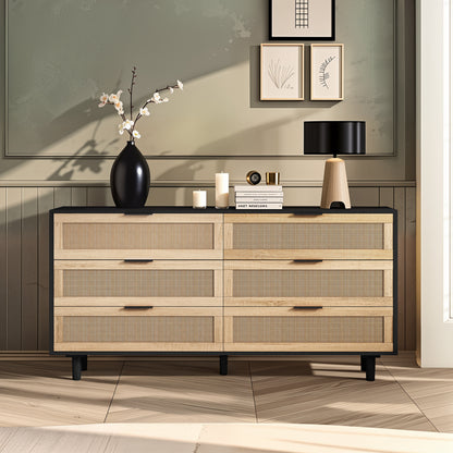 59.06"6-Drawers Rattan Storage Cabinet Rattan Drawer,for Bedroom,Living Room, Black (Same SKU:W757132849)