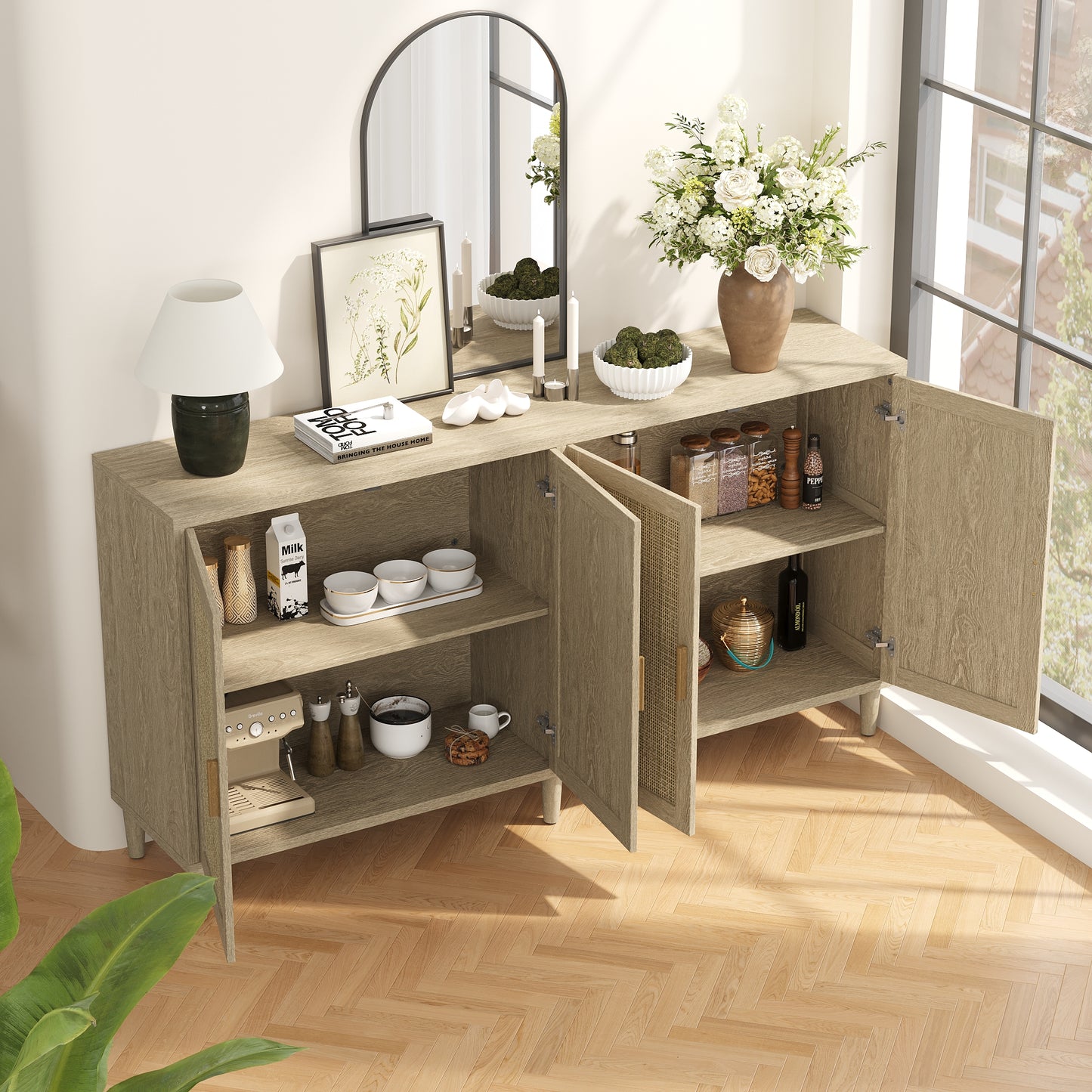 70" Rattan Buffet Cabinet - Natural Solid Wood Storage