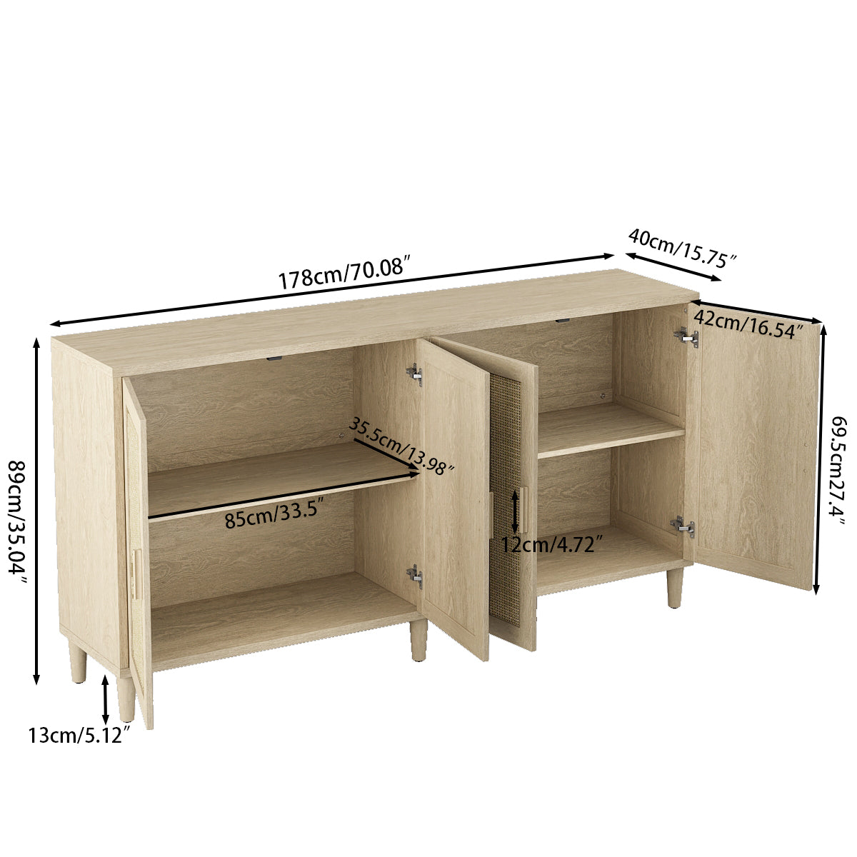 70" Rattan Buffet Cabinet - Natural Solid Wood Storage