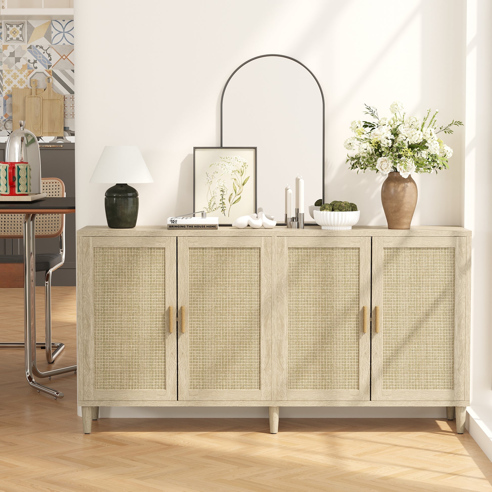 70" Rattan Buffet Cabinet with Storage, 4-Door Sideboard Buffet Cabinet with Adjustable Shelves for Kitchen, Living Room and Dining Room, Easy Assembly,Natural