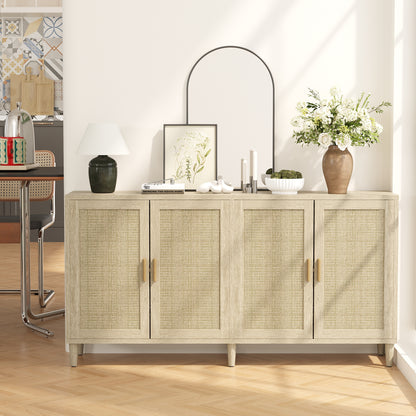70" Rattan Buffet Cabinet with Storage, 4-Door Sideboard Buffet Cabinet with Adjustable Shelves for Kitchen, Living Room and Dining Room, Easy Assembly,Natural