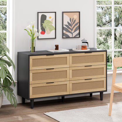 51.18"6-Drawers Rattan Storage Cabinet Rattan Drawer with White Drawer Slides,for Bedroom,Living Room,Black