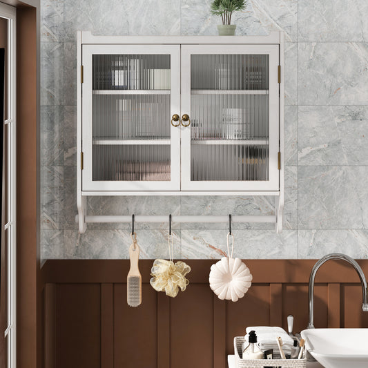 24.8"Glass Door Vintage Double Door Wall Cabinet with Three Tiers of Storage with Towel Rack, for Bathroom, Kitchen,Dining Room, White Washed