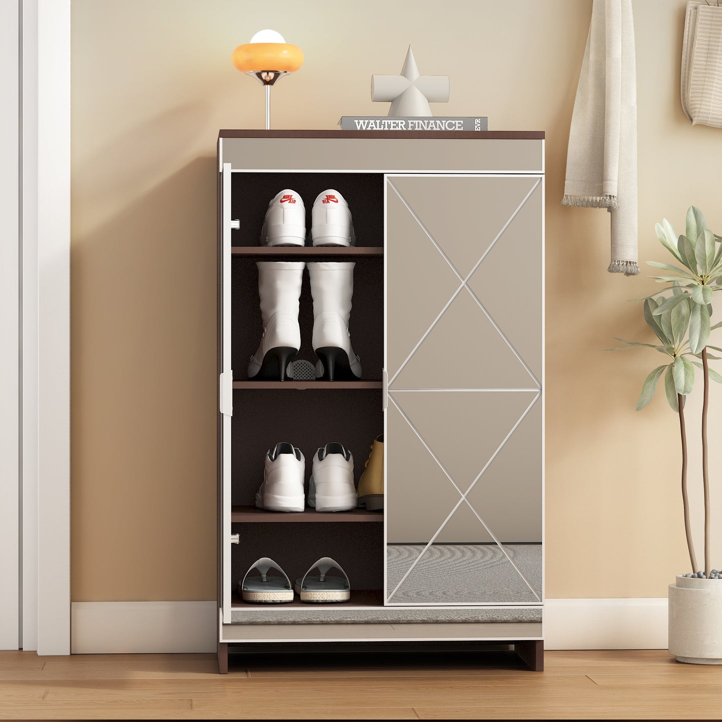 Elegant Decor Mirrored Cabinet with Silver Edging,Mirrored Cabinet with Double Door Storage,Shoe Storage Cabinet for Entryway,Glass+Brown Finish
