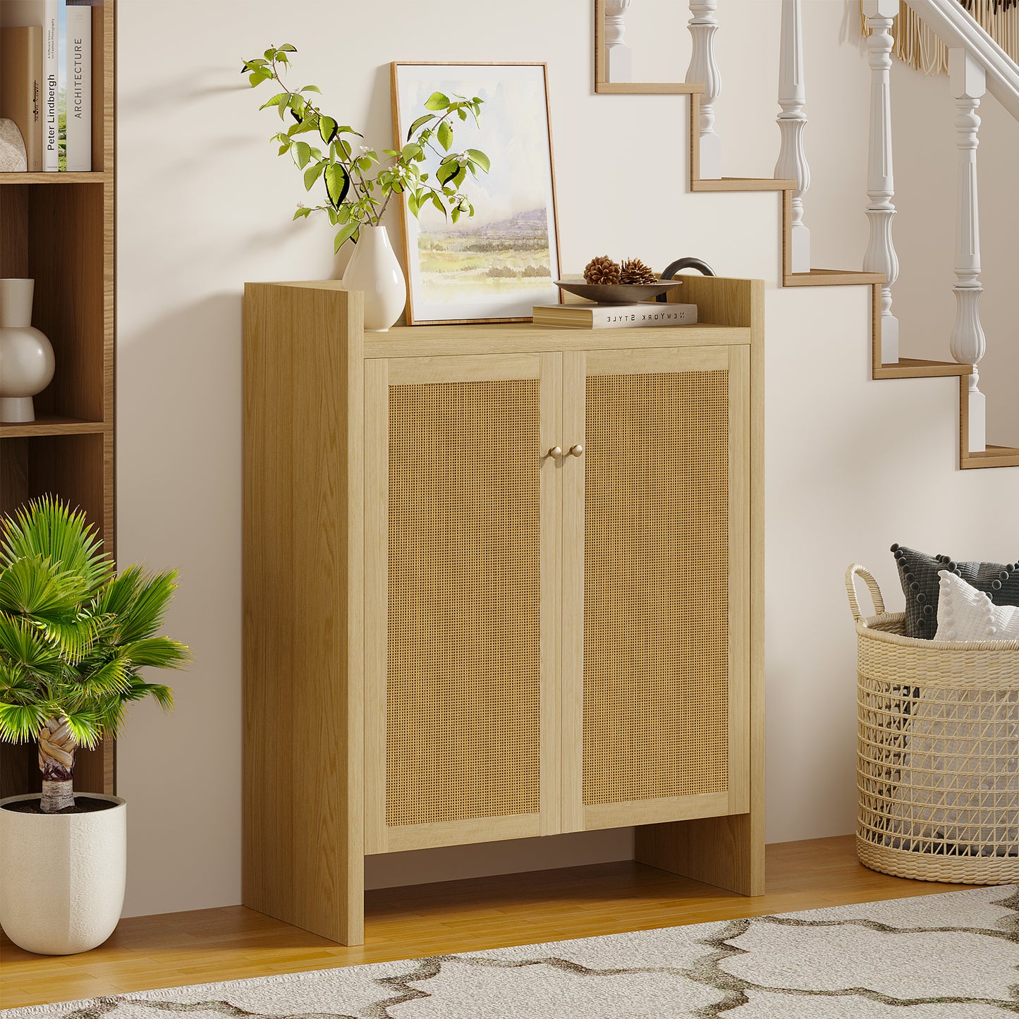 42.5" Tall Rattan Shoe Cabinet with Doors, 6-Tier Shoe Storage Cabinet with Adjustable Shelves, Wooden Freestanding Shoe Organizer Shoe Cabinet for Entryway,Hallway,Living Room (Natural)