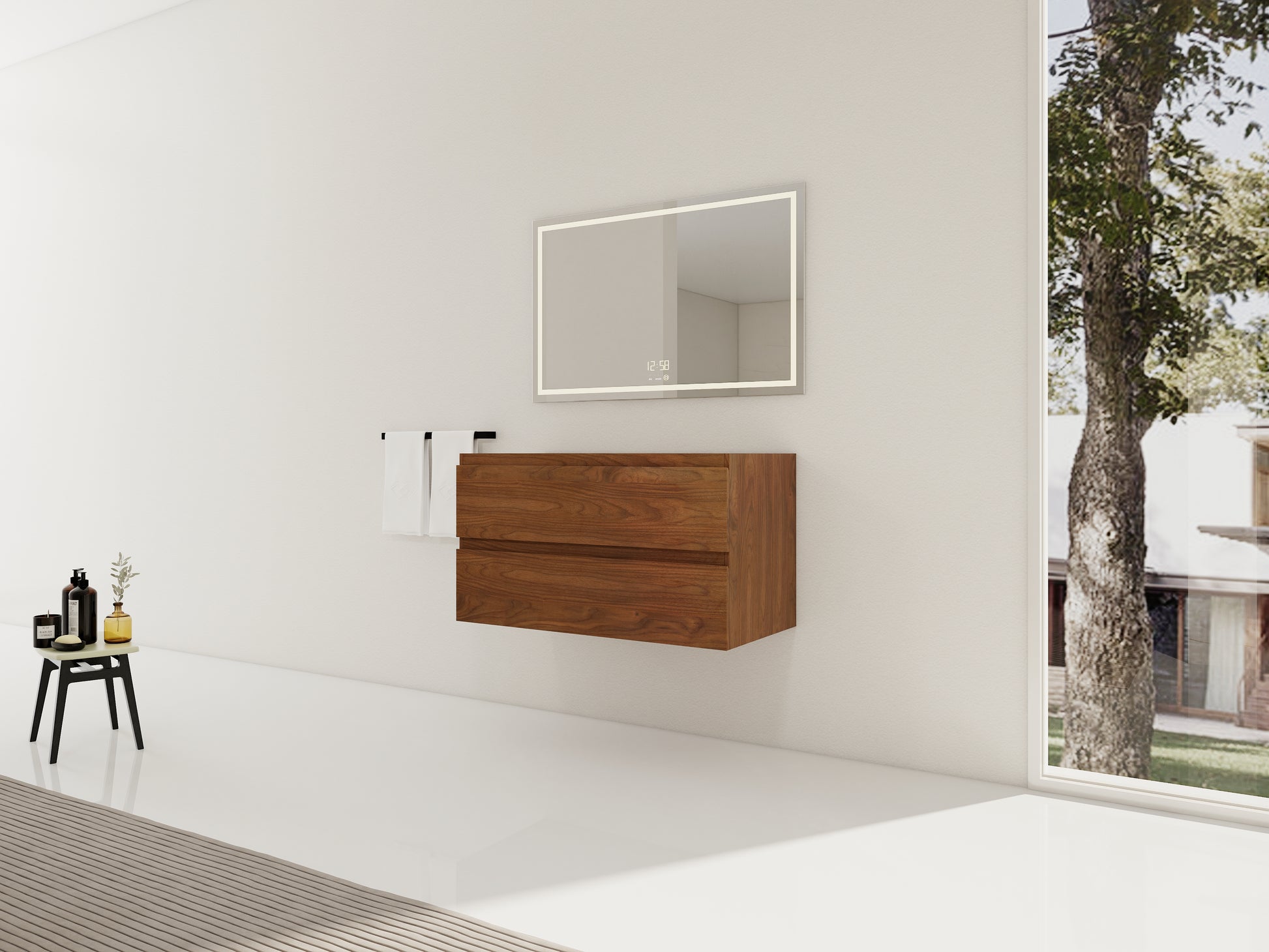 36" Wall-Mounted Bathroom Vanity - Brown Oak Plywood