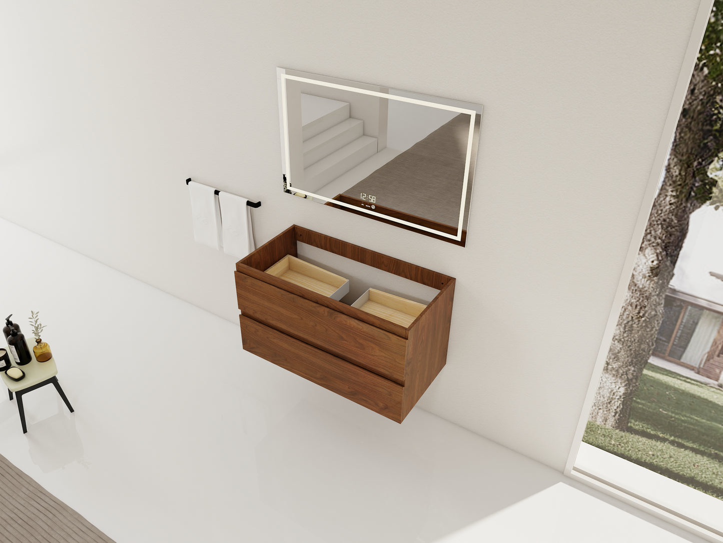 36" Wall-Mounted Bathroom Vanity - Brown Oak Plywood
