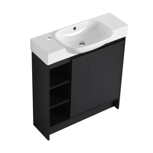 30'' Freestanding Bathroom Vanity with White Ceramic Sink & Soft-Close Door, Dark Oak, Plywood, KD-Packing